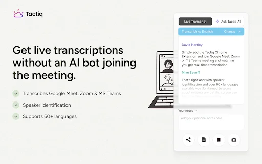 Tactiq ডাউনলোড করুন: Google Meet, Zoom ও MS Teams মিটিং নোটস - Screenshot 1
